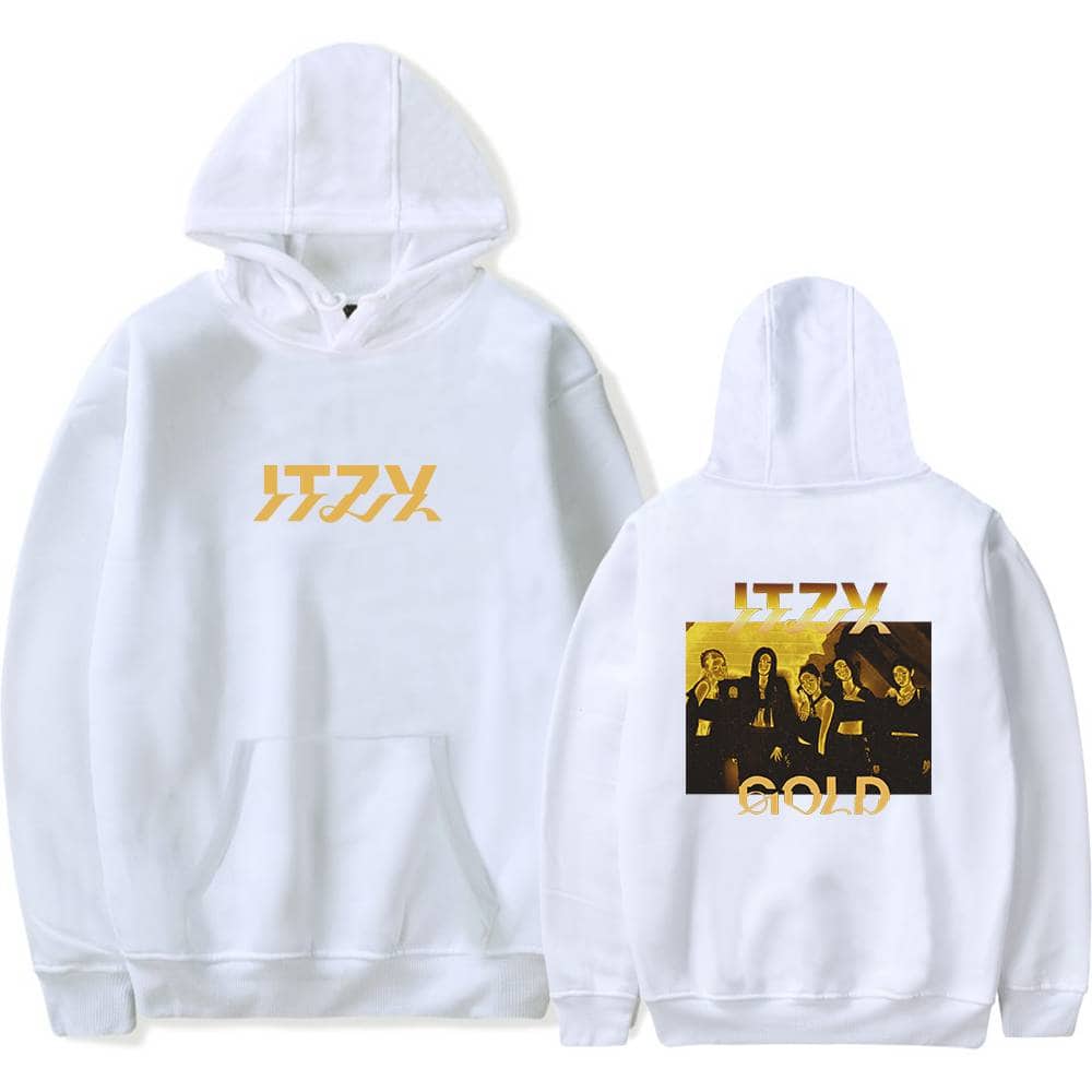 Logo hoodie featuring Justin Bieber swag design in gold, with a group photo on the back. Perfect for fans embracing Justin Bieber's fashion and streetwear style with a trendy, bold look.