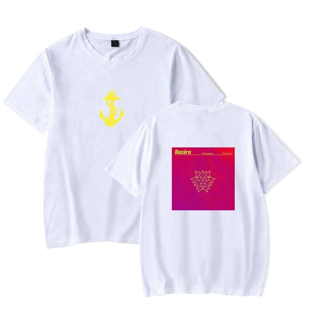 Anchor with yellow chain design on the front, vibrant pink and yellow graphic on the back featuring the word "Desire" and geometric artwork.