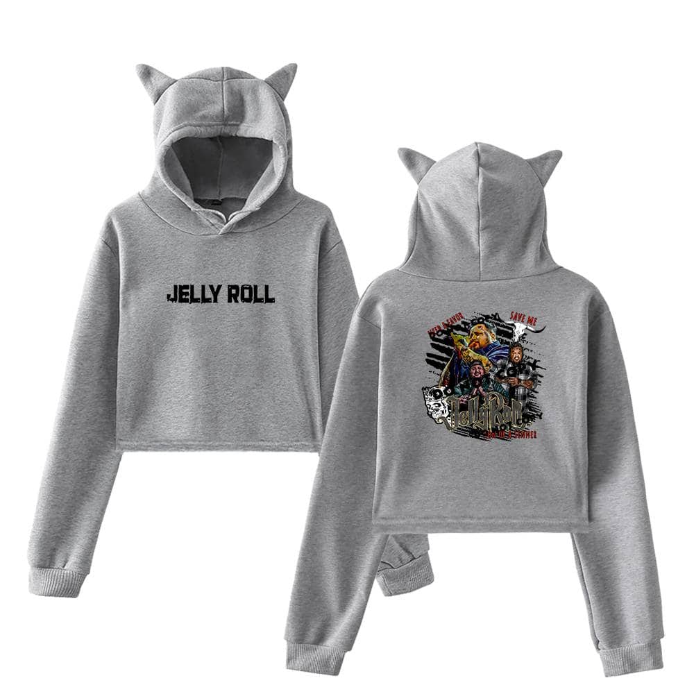 Jelly Roll hoodie with cat ears, featuring celebrity-inspired graphic design in gray color, perfect for streetwear fashion.