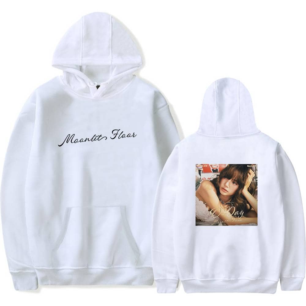 Moontit Flaar white hoodie with Justin Bieber swag merch design featuring a stylish text on the front and a photo collage on the back of a woman with the text "O Day.".
