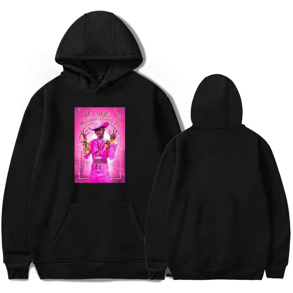 Justin Bieber swag merch hoodie featuring Lil Nas X graphic design with vibrant pink and black color scheme. Perfect for fans and streetwear enthusiasts.