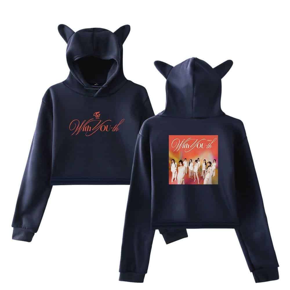 Black hooded sweatshirt with "With Youth" graphic and cute animal ears on the hood, inspired by Justin Bieber swag merch.