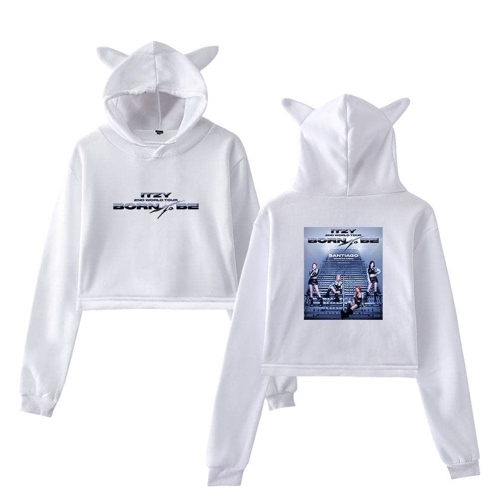 High-quality white hoodie set featuring Justin Bieber swag merchandise with animal-eared hood design and concert print, perfect for fans of Justin Bieber's second world tour.