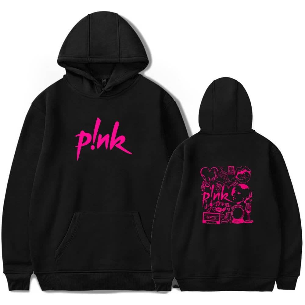 Bright pink "p!nk" logo on a black hoodie with pink graphic art of pop star elements on the back.