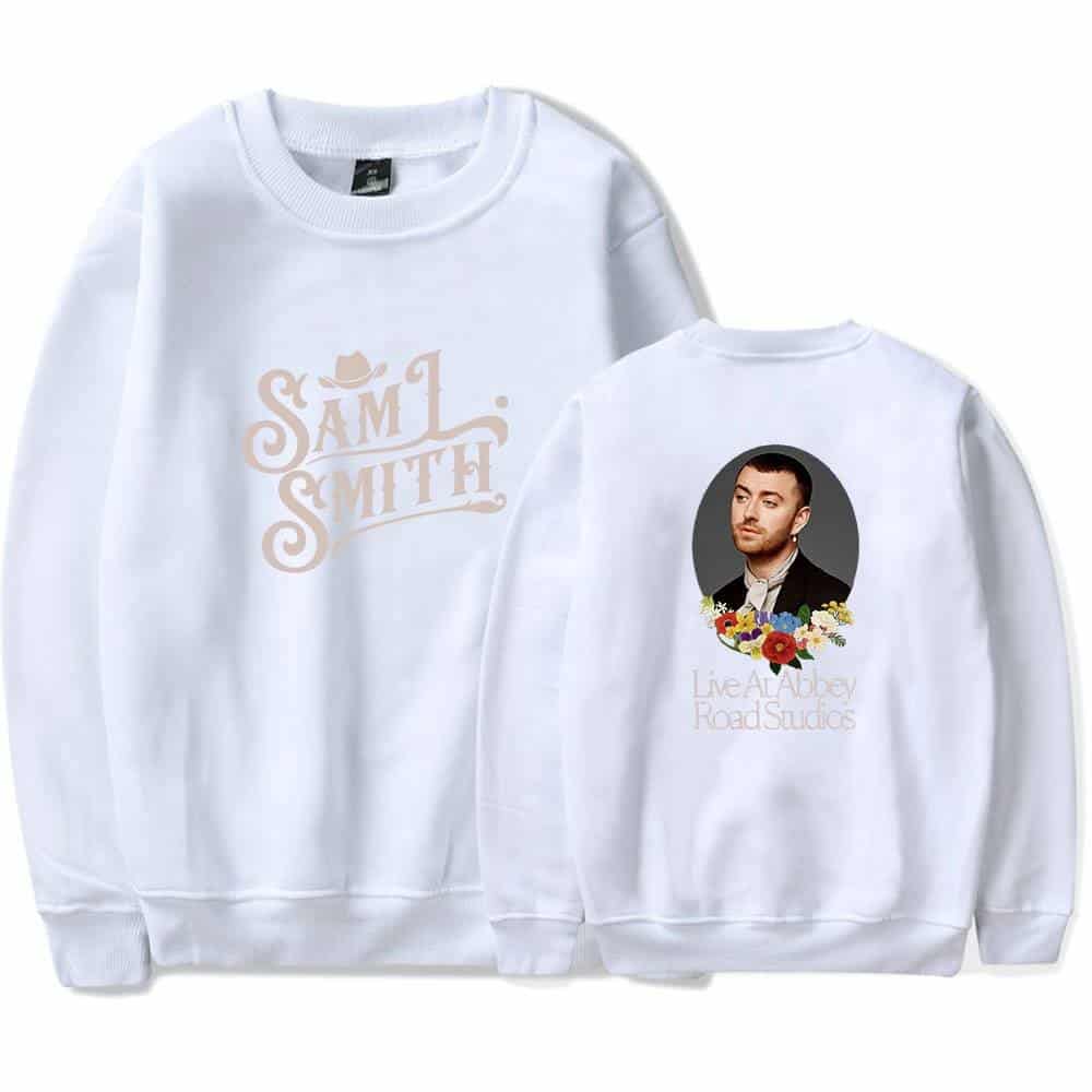 Sam l smith swag merch sweatshirt with logo and photo design featuring flowers and text Live At Abbey Road Studios.