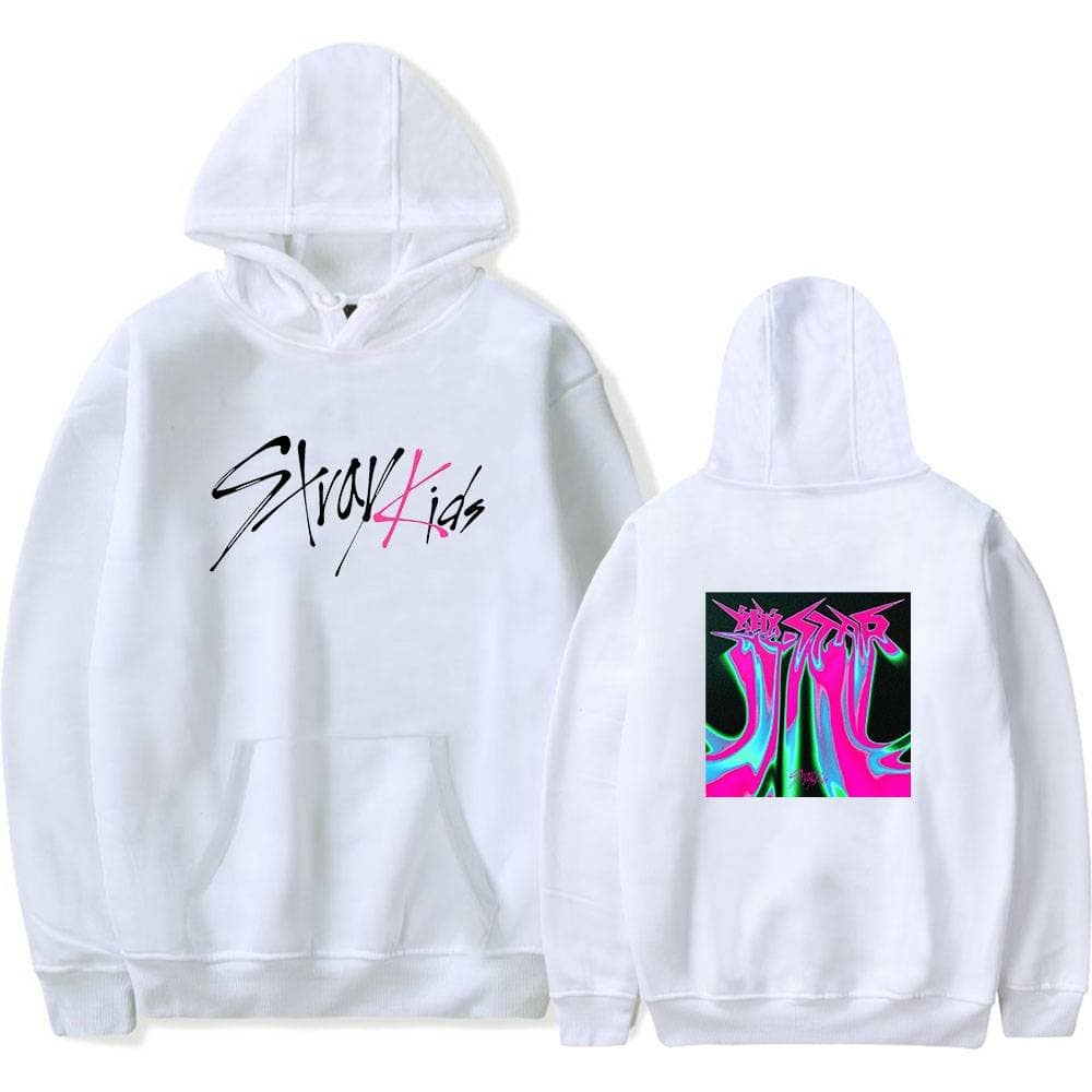 Bold white hoodie with "Stray Kids" logo on front and artistic, colorful graphics on back, perfect for Justin Bieber swag merch fans.
