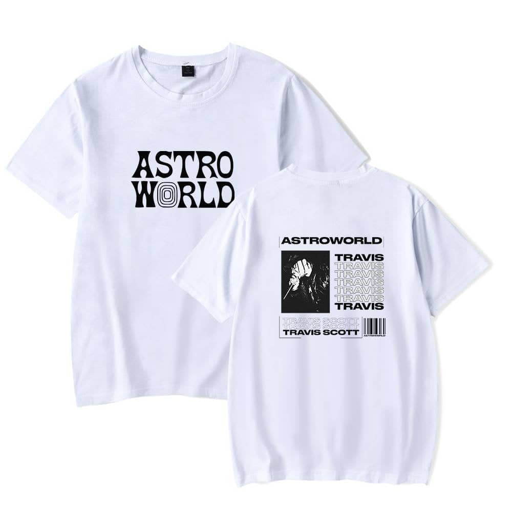 Astro World graphic t-shirts featuring Travis Scott merchandise with bold logos and images, perfect for Justin Bieber fans into swag and streetwear fashion.