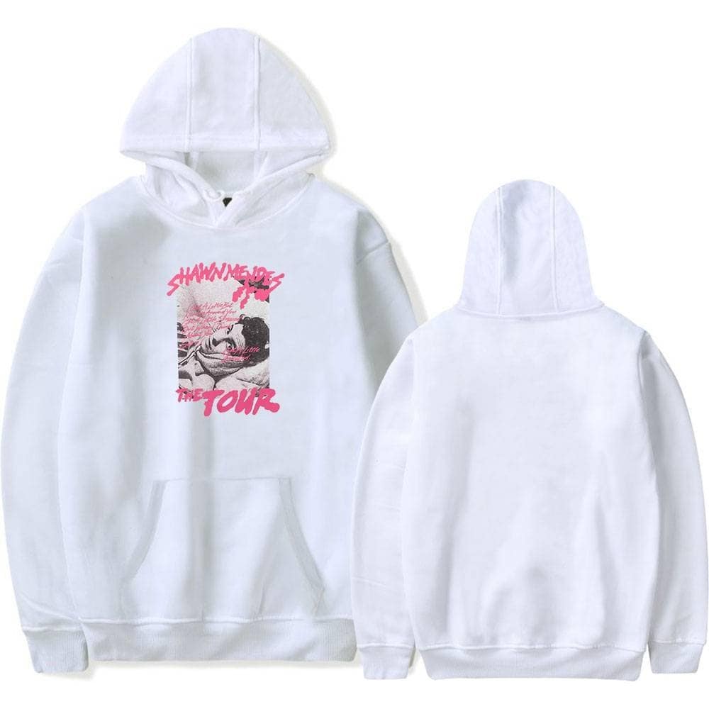 Shawn Mendes tour hoodie with bold graphic design and vibrant pink text on a white sweatshirt. Perfect for fans and trendy streetwear style.