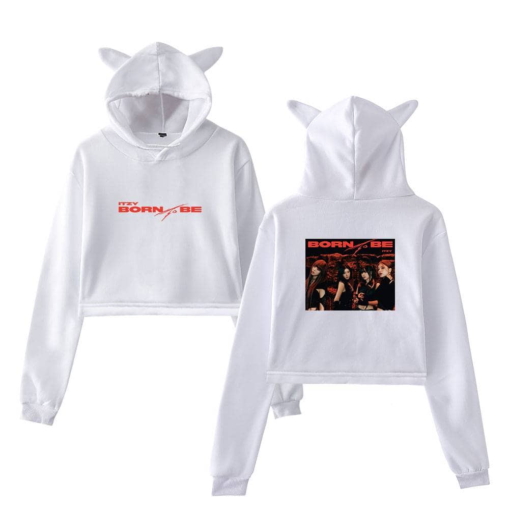 Itzy born to be hoodie set with cat ears, trendy swag merch inspired by Justin Bieber style, featuring bold graphics and a cool, youthful vibe for fans of K-pop and pop icons alike.