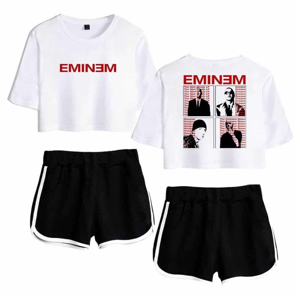 Justin Bieber swag merch outfit with Eminem-themed tops and sporty shorts, perfect for fans wanting a trendy and casual look. Featuring bold graphic designs and comfortable fit, ideal for streetwear fashion.