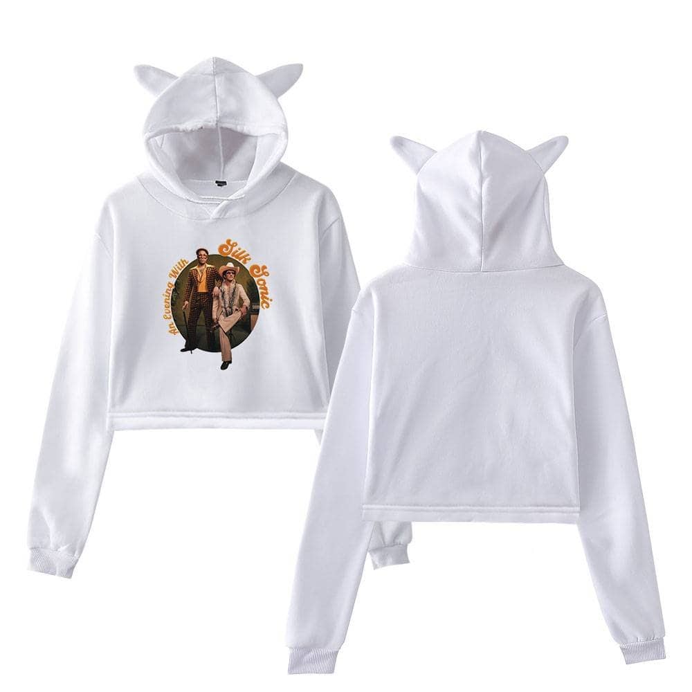 White hoodie and sweatpants set with animated unicorn ears, featuring a graphic of Justin Bieber and the text "An Evening With Silk Sonic." Perfect swag merch for Bieber fans.