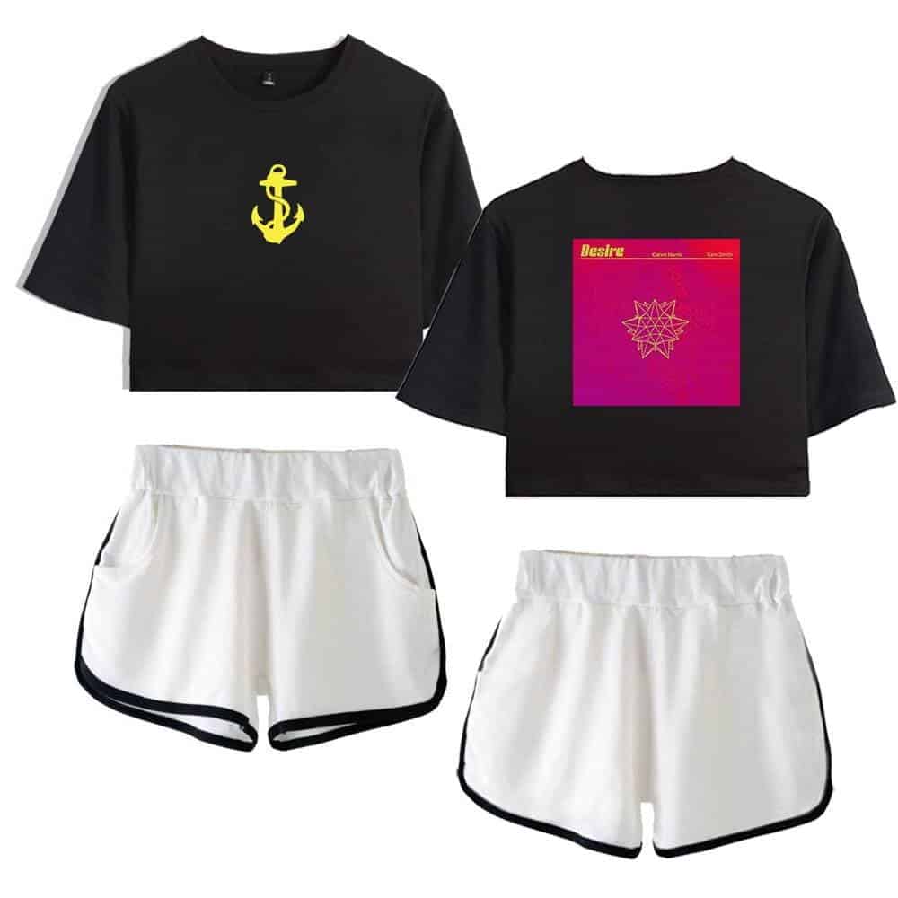 Justin bieber swag merch black crop top with yellow anchor graphic, white athletic shorts with black trim, trendy streetwear style, perfect for fans of Justin Bieber and modern casual fashion.