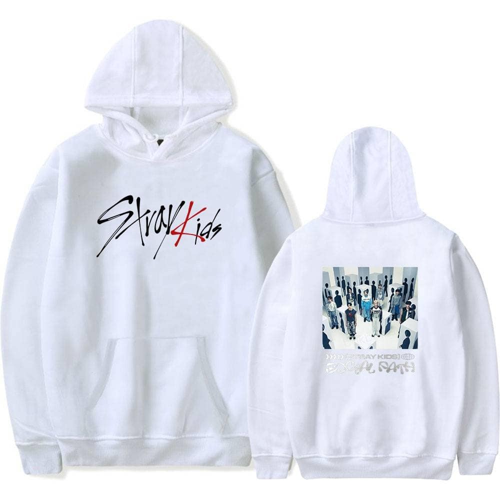 Justin Bieber swag merch hoodie with "Stray Kids" logo and graphic print on back featuring a group of young people in a stylish, urban setting. Perfect for fans of trendy streetwear and Justin Bieber.