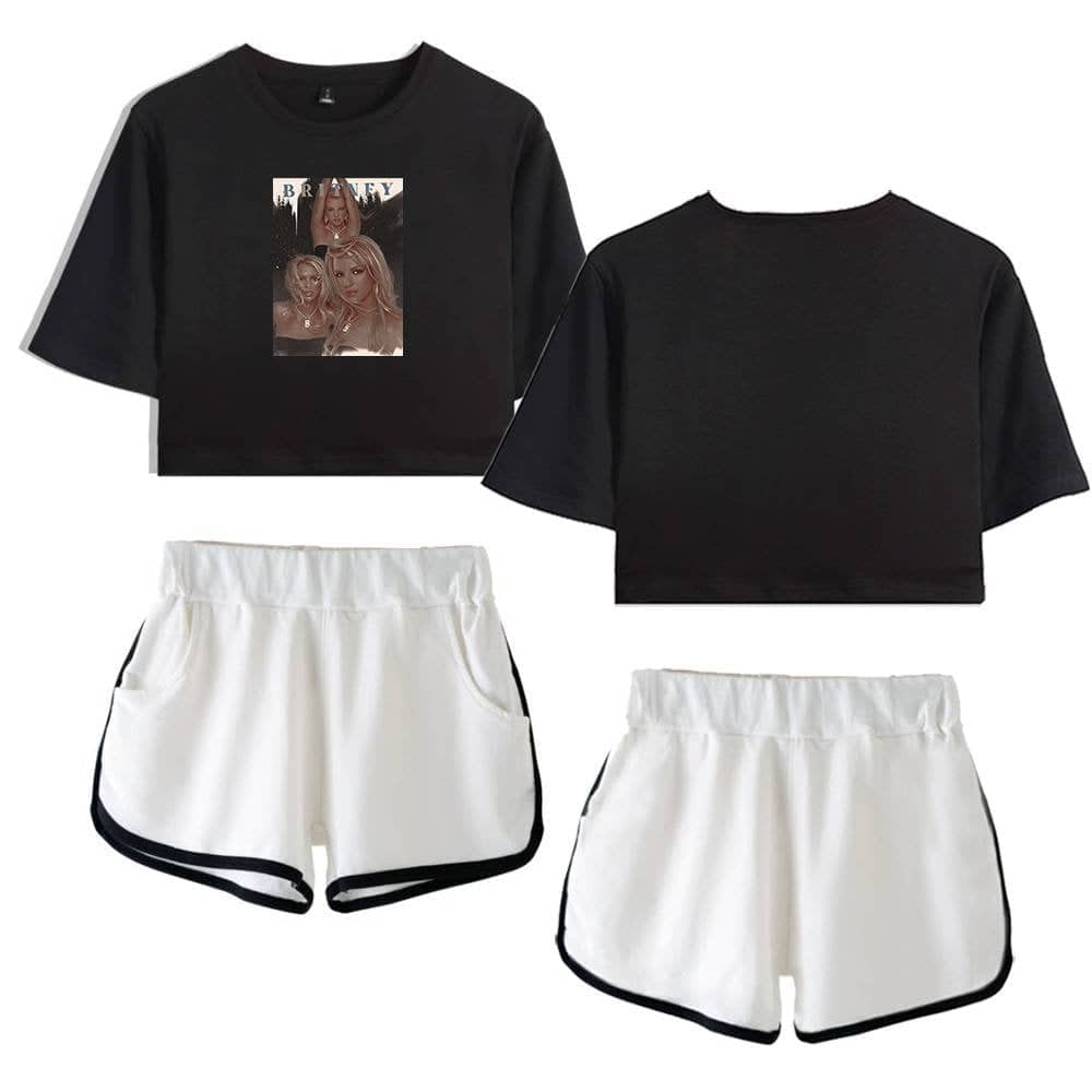 Black cropped t-shirt with Justin Bieber graphic print and white athletic shorts with black trim, perfect for swag merch styling.