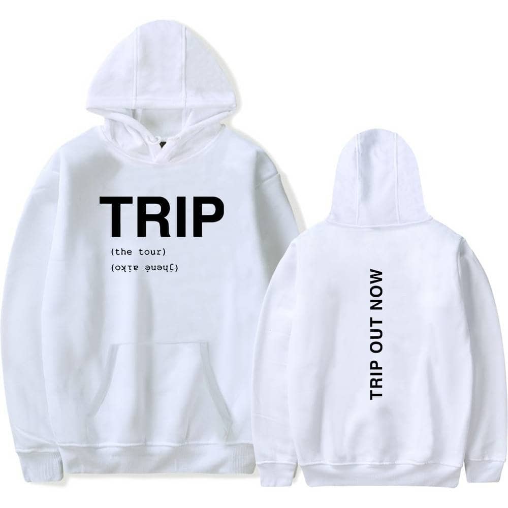 Bright white hoodie with "TRIP" printed on the front and "TRIP OUT NOW" on the back, embodying Justin Bieber's signature swag merch style. Perfect for fans and streetwear enthusiasts.