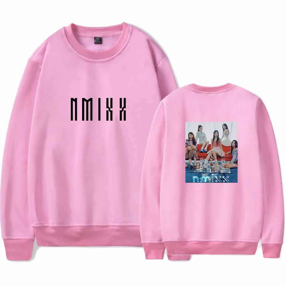 Nmiux pink sweatshirt with group image of girl band on back, trendy Justin Bieber swag merch, casual streetwear style, comfortable unisex pullover hoodie for fans and fashion enthusiasts.