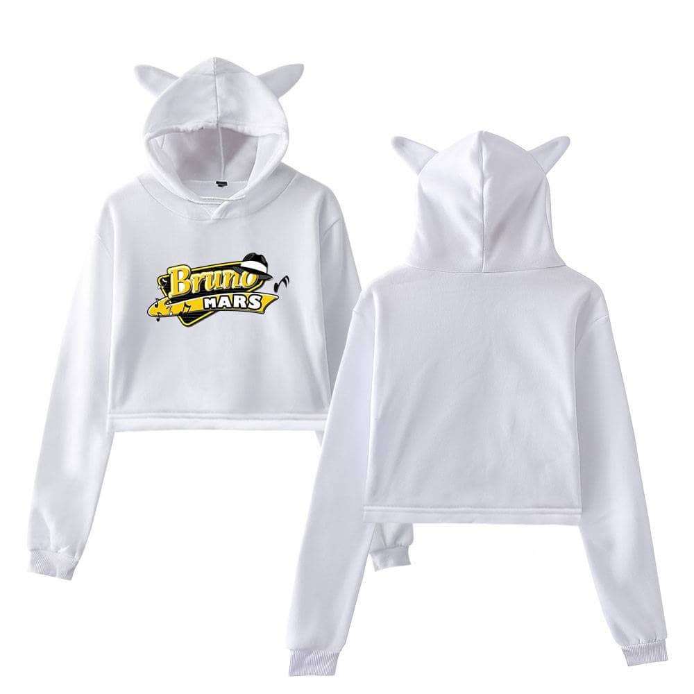 Bruno Mars hoodie with cat ears, stylish and casual, perfect for fans of the singer. White sweatshirt featuring a playful design and comfortable fit, ideal for streetwear and fandom fashion.