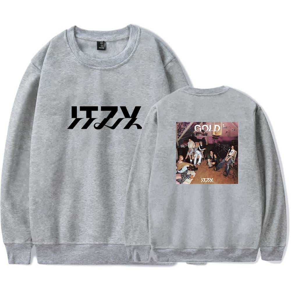 ITZJ swag oversized grey sweatshirt with bold black logo and printed band photo on the back, perfect for Justin Bieber fans, showcasing trendy and stylish merch.