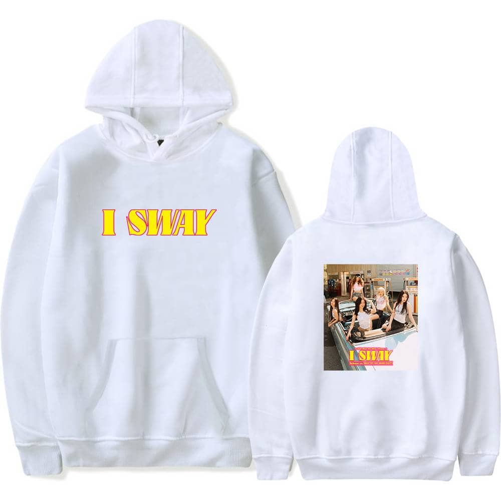 I SWAY sweatshirt with bold yellow and pink text, featuring a group photo of girls in trendy casual wear, perfect for Justin Bieber swag merch fans.