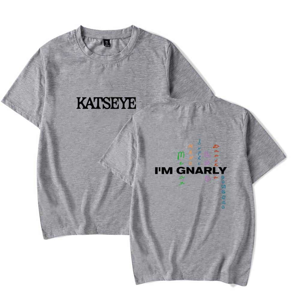 KATSEYE and I'M GNARLY graphic t-shirts, grey oversized casual wear, Justin Bieber swag merch, street style fashion.