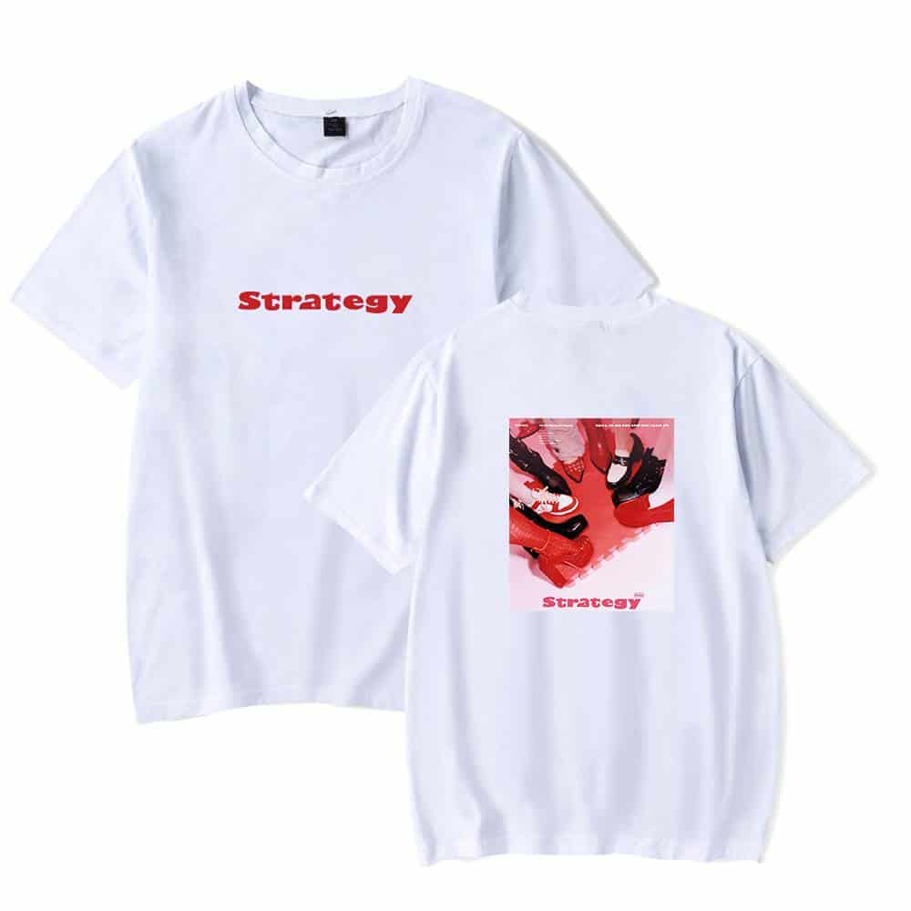 Strategy t-shirt with bold red text and a graphic of various sneakers in pink, black, and white on the back, designed for Justin Bieber swag merch fans, stylish and trendy streetwear.