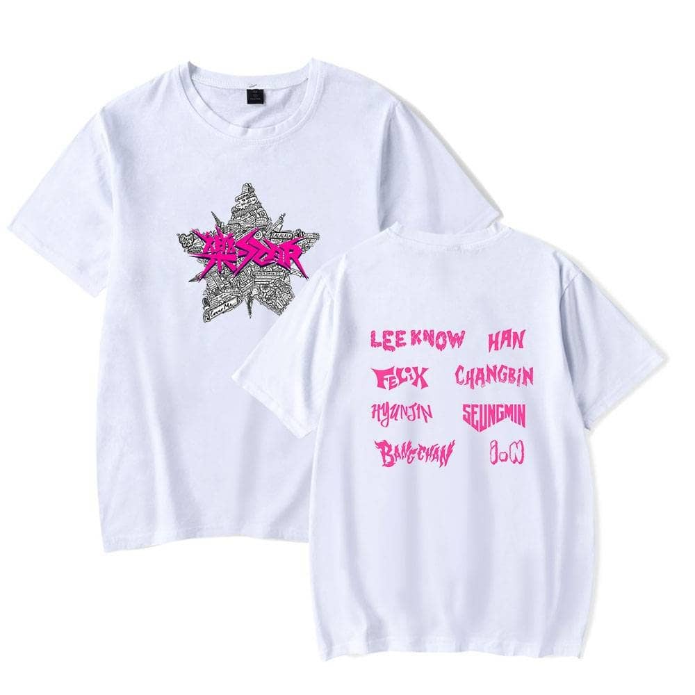 Bold graphic white T-shirt featuring Justin Bieber swag merchandise design with vibrant pink accents and city-inspired artwork. Perfect for fans wanting stylish, trendy apparel.
