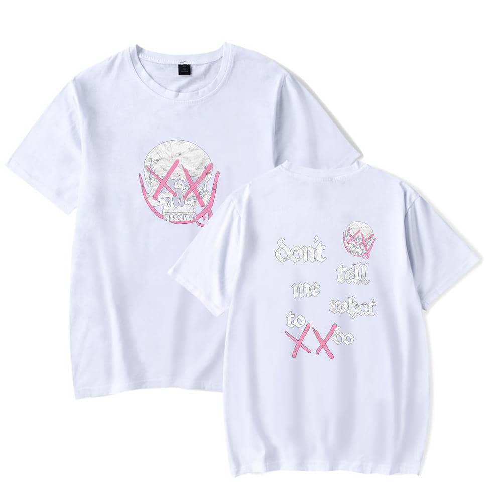 Black and white graphic t-shirts featuring a skull with pink X's over the eyes, stylish text, and bold designs inspired by Justin Bieber swag merch. Perfect for fans who want trendy, edgy streetwear.