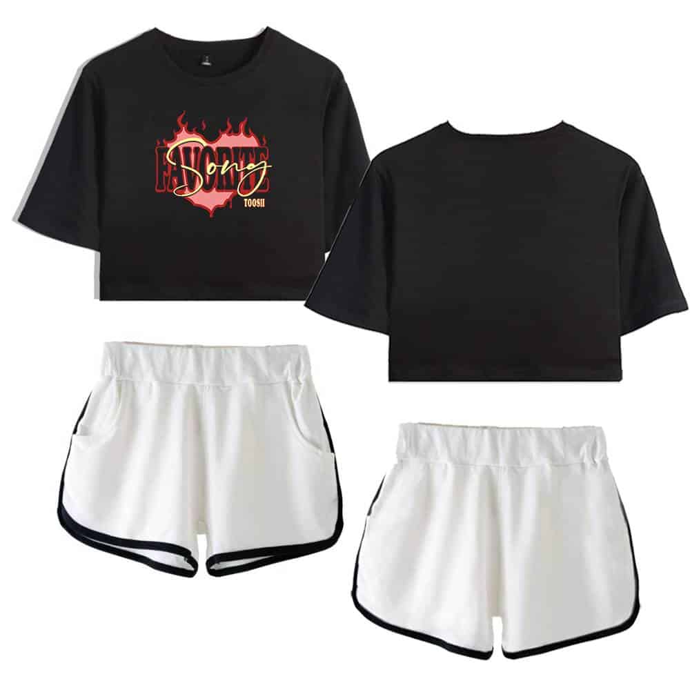 Black oversized t-shirt with flame and text graphic design, paired with white sporty shorts with black trim, inspired by Justin Bieber swag and merch style.