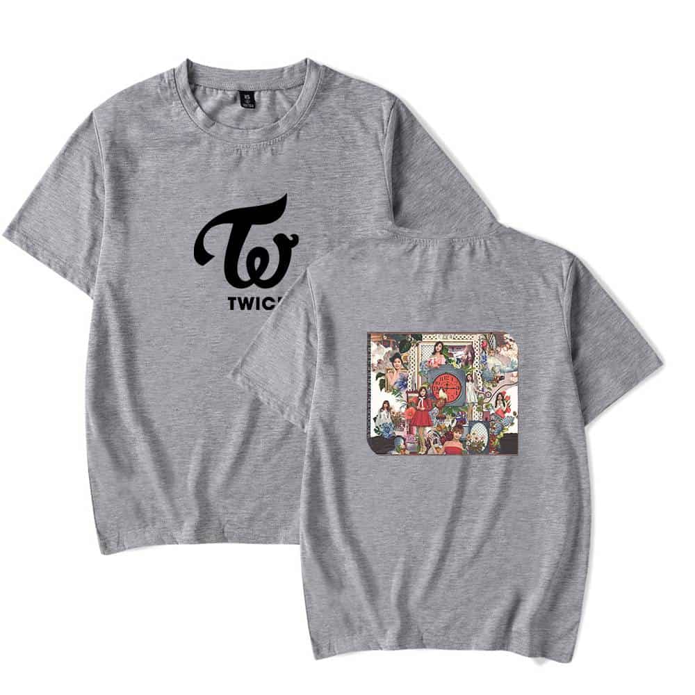 Twice swag merch t-shirt featuring a graphic design with colorful characters and logos related to the pop group Justin Bieber swag merch collection.