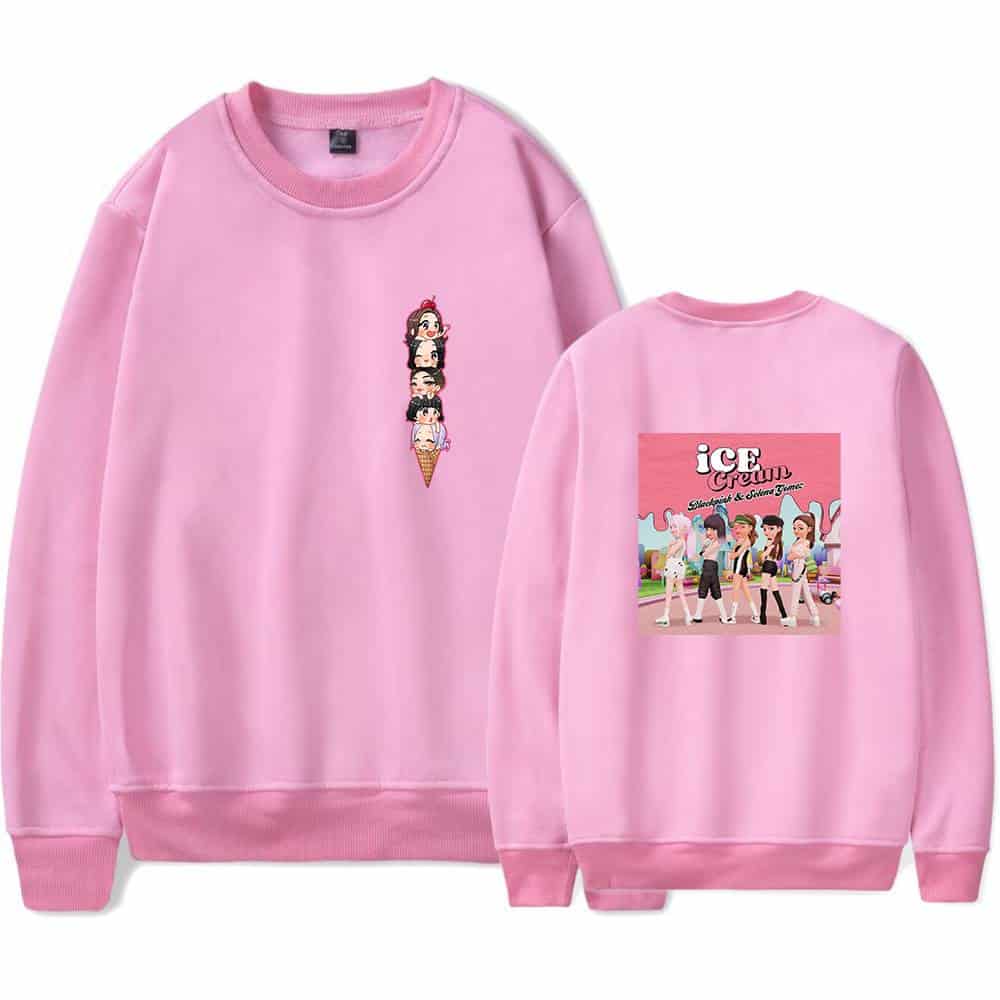 Ice cream themed pink sweatshirt featuring cartoon characters and the words "Ice Cream" on the back, inspired by Justin Bieber swag merch style.