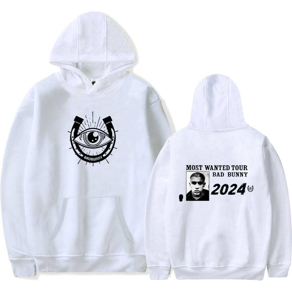 Minimalistic hoodie with a bold eye and horseshoe design, featuring "BADBUNNY" text on the front. Back showcases a publicity image, "MOST WANTED TOUR BAD BUNNY 2024" text, and a black-and-white photo of the artist.