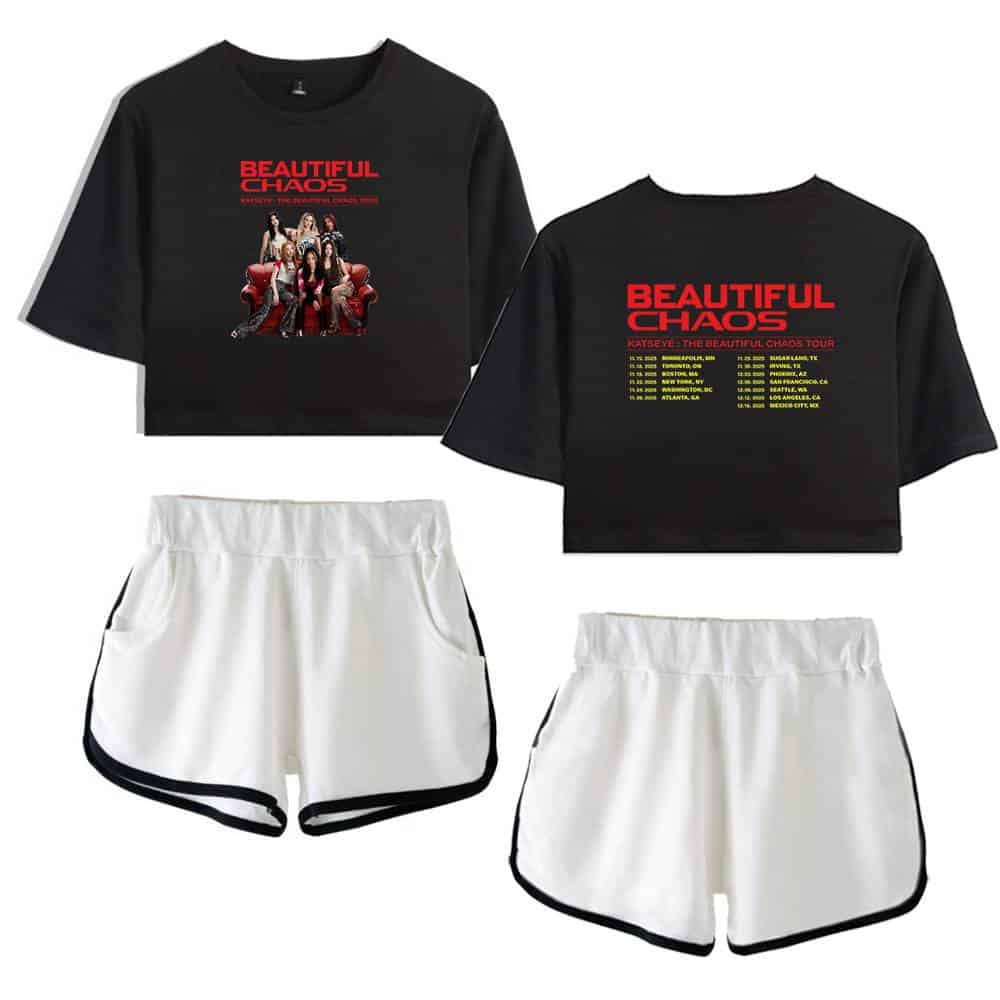 Black cropped T-shirt featuring popular music tour graphics and text.