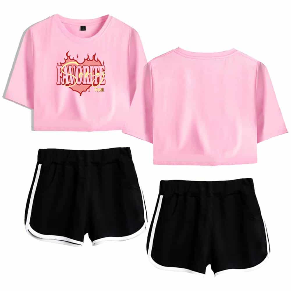 Pink Justin Bieber swag merch crop top with graphic design and black shorts with white trim, casual streetwear style, perfect for fans, trendy and comfortable outfit, ideal for music fans and fashion enthusiasts.