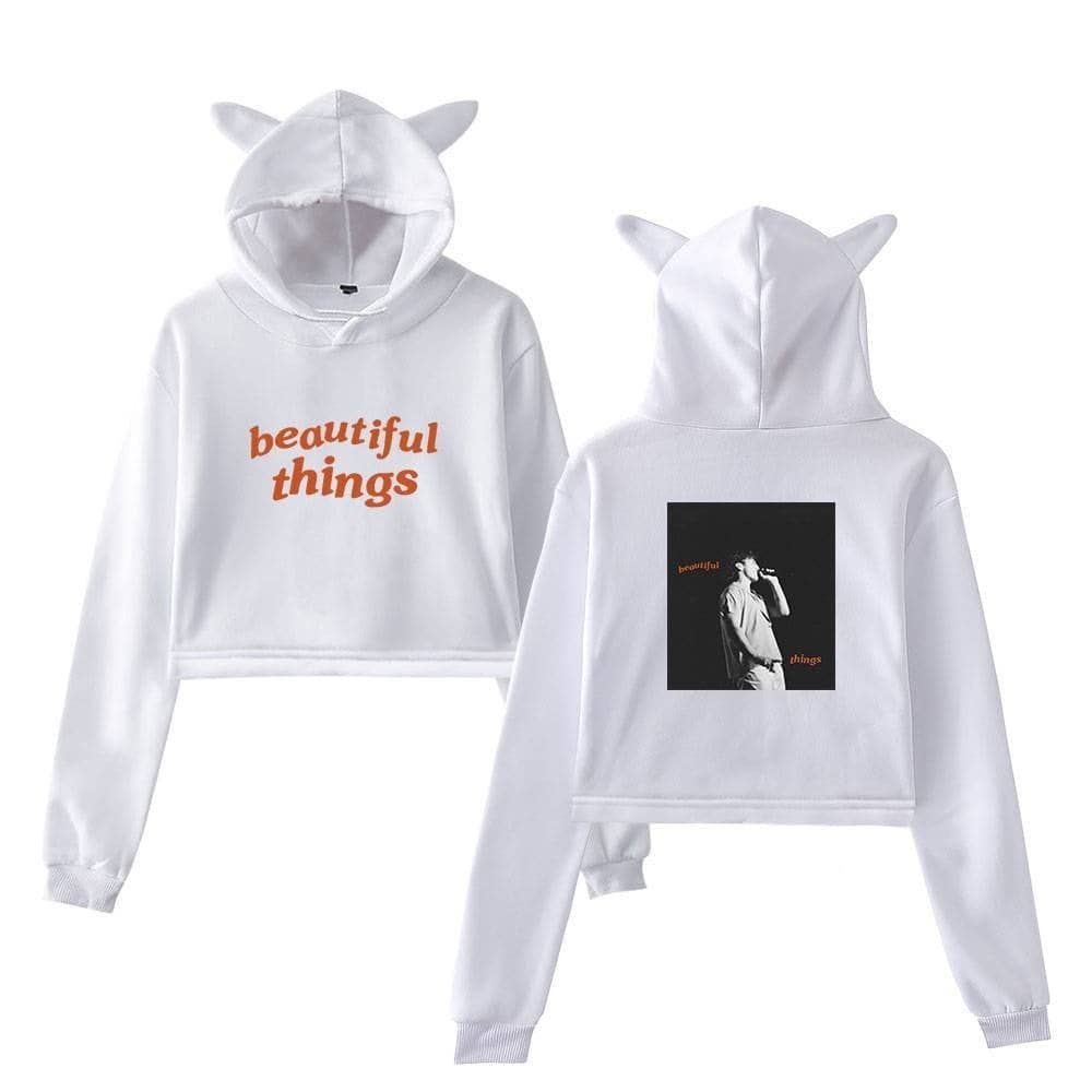 White hoodie with "beautiful things" text and cat ears hood details, inspired by Justin Bieber swag merch; stylish, casual, and trendy for fans.