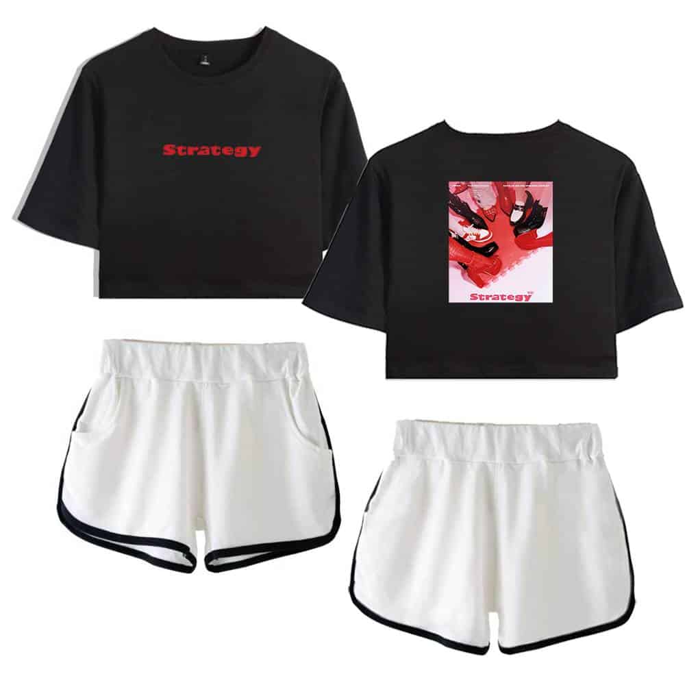 Justin Bieber swag merch black cropped t-shirts with bold red and graphic prints, paired with sporty white shorts with black accents, designed for fashionable streetwear fans.