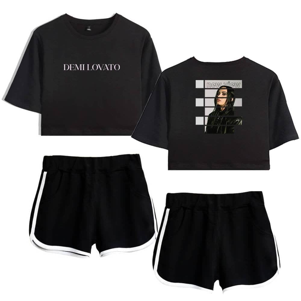 Demi Lovato swag merchandise set featuring stylish crop tops and athletic shorts with trendy black and white accents. Perfect for fans wanting to showcase their music passion and sporty style.