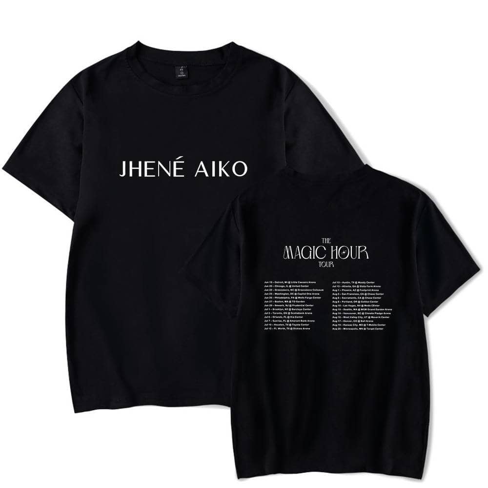 JHENÉ AIKO swag merch t-shirts with tour dates and bold text, stylish and popular among fans.