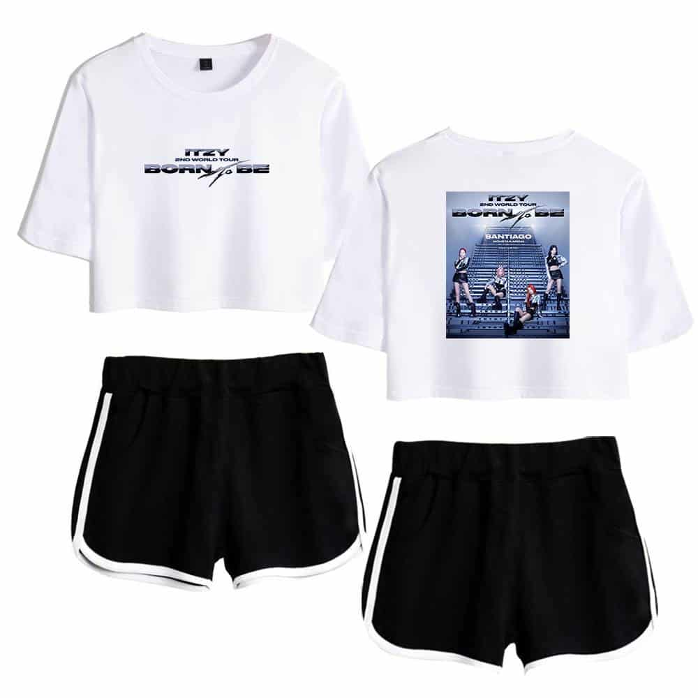 Blue and white cropped t-shirts with "ITZY 2ND WORLD TOUR BORN TO BE" graphic print, paired with black athletic shorts with white side stripes, inspired by Justin Bieber swag merch style, suitable for streetwear and concert outfits.