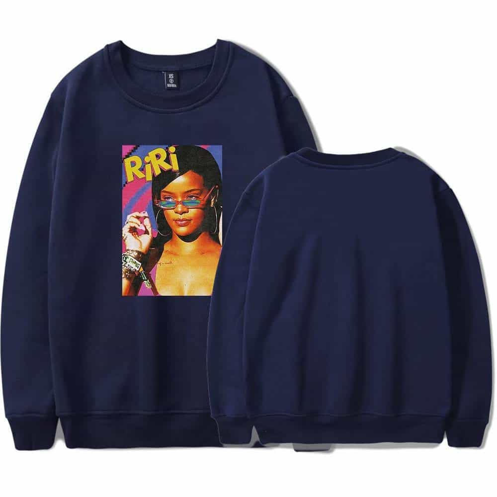 Riri graphic sweatshirt featuring pop art style image of Rihanna with colorful background and bold text.