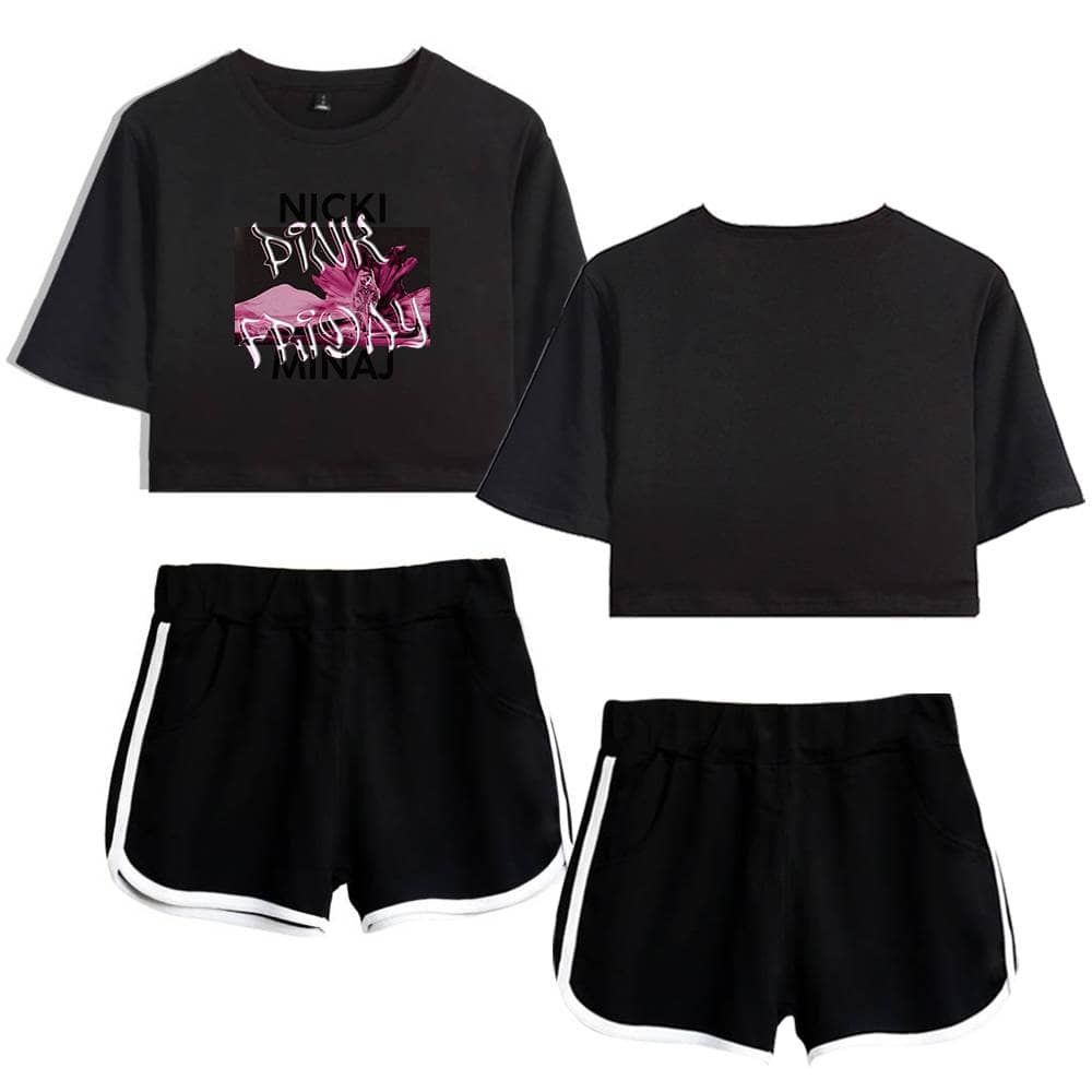 Black cropped T-shirt with graphic print and Nicki Minaj text, paired with black athletic shorts with white trim, a trendy and stylish Justin Bieber swag merch outfit.