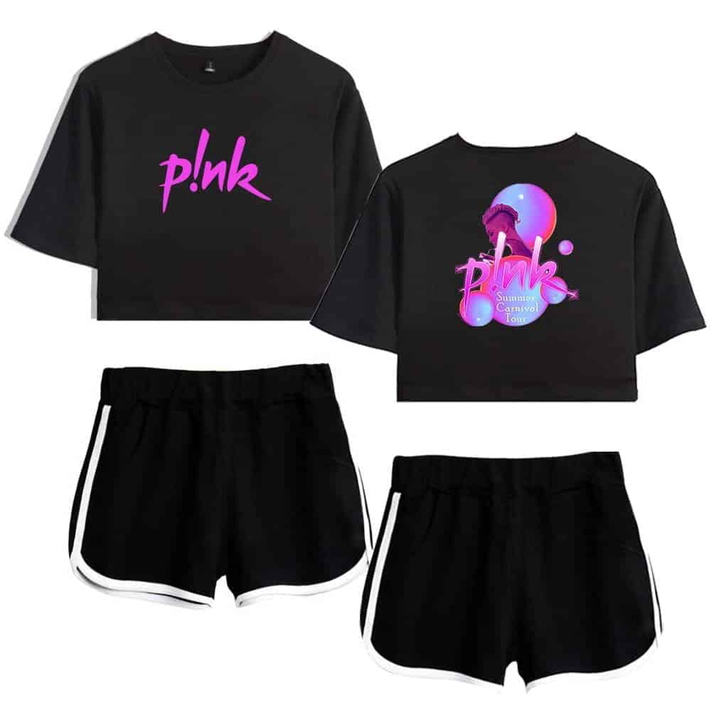 Pink graphic cropped t-shirts with "pink" logo and summer carnival tour branding, paired with black athletic shorts with white trim. Stylish, casual merch inspired by Justin Bieber's swag collection.