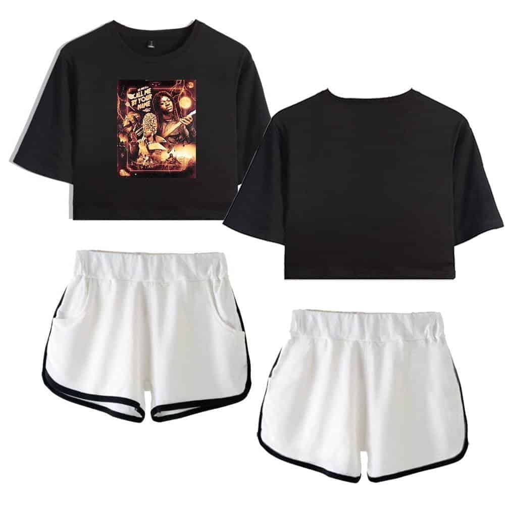 Justin Bieber swag merch, featuring a black cropped t-shirt with distinctive graphic print paired with white athletic shorts with black trim, designed for fans of celebrity-inspired streetwear.