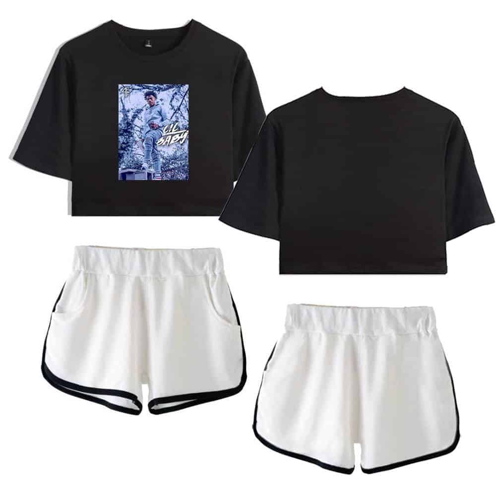 Justin Bieber swag merch set featuring a black graphic T-shirt and white sporty shorts with black trim, perfect for fans of trendy streetwear and casual styles.