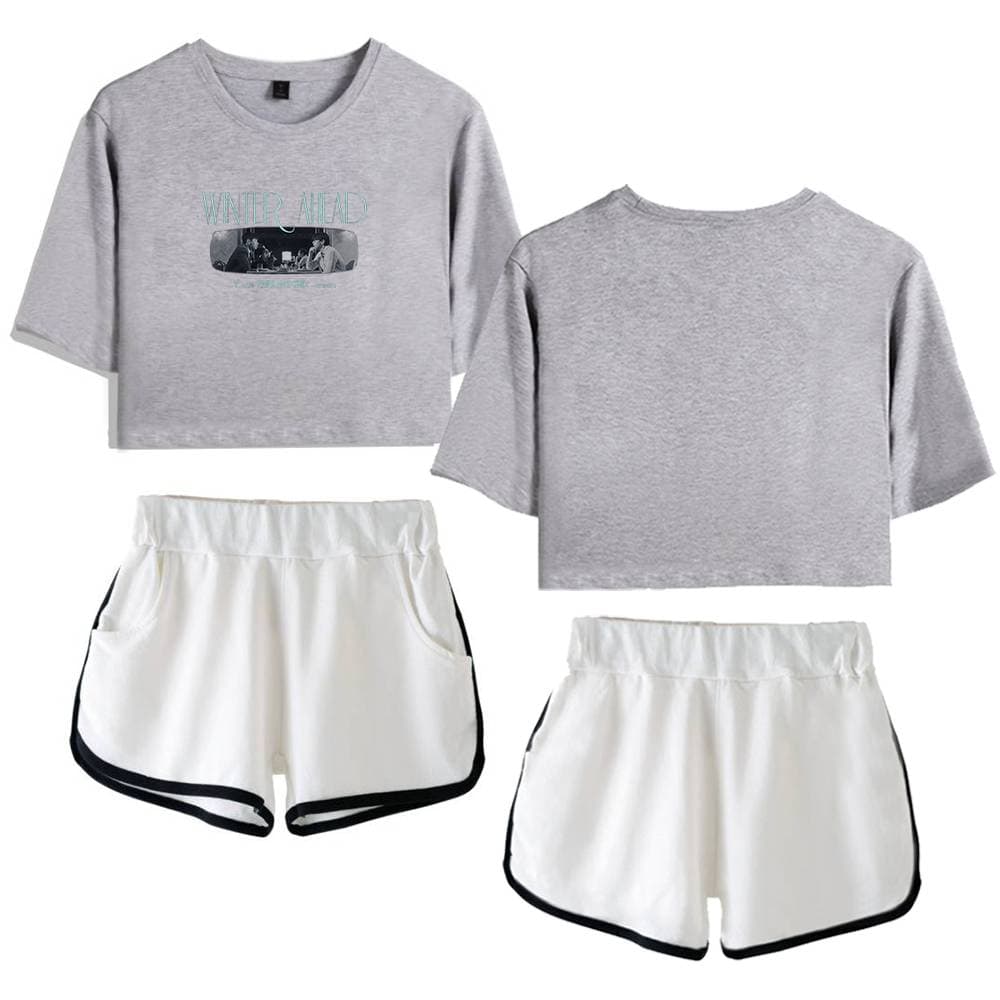 Gray "Justin Bieber swag merch" cropped t-shirt with logo and shorts set, casual and trendy.