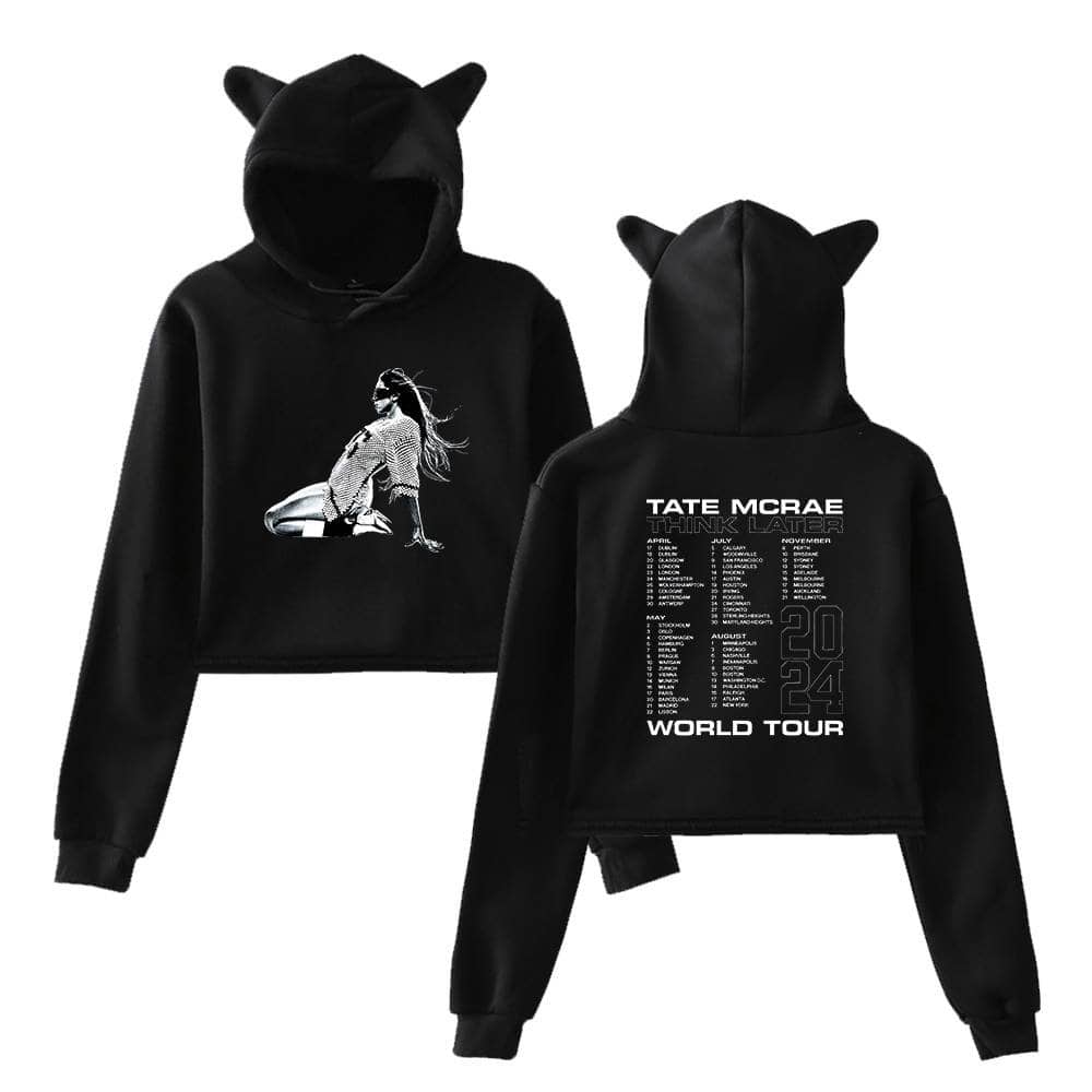 Stylish black hoodies with cat ear hoods, featuring Justin Bieber swag merch and a vibrant world tour design for the 2024 tour. Perfect for fans wanting to showcase their music enthusiasm.
