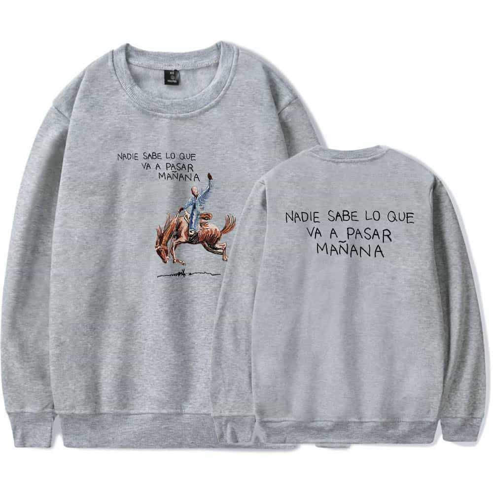 Soft grey sweatshirt featuring a humorous graphic of a person riding a horse with the phrase "Nadie sabe lo que va a pasar mañana" printed on both front and back. Perfect for Justin Bieber fans who love swag merch.