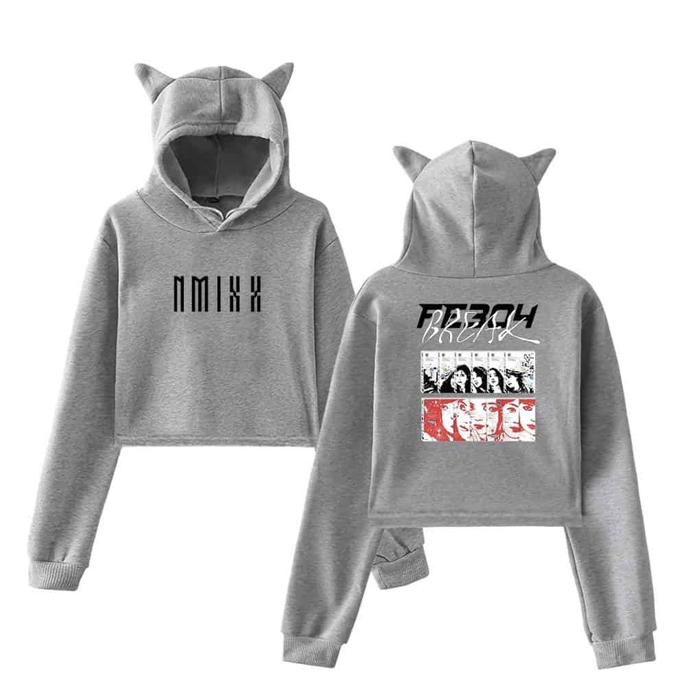 NmiXX hoodie with cat-ear hood and graphic print design, stylish and comfortable swag merchandise for Justin Bieber fans.