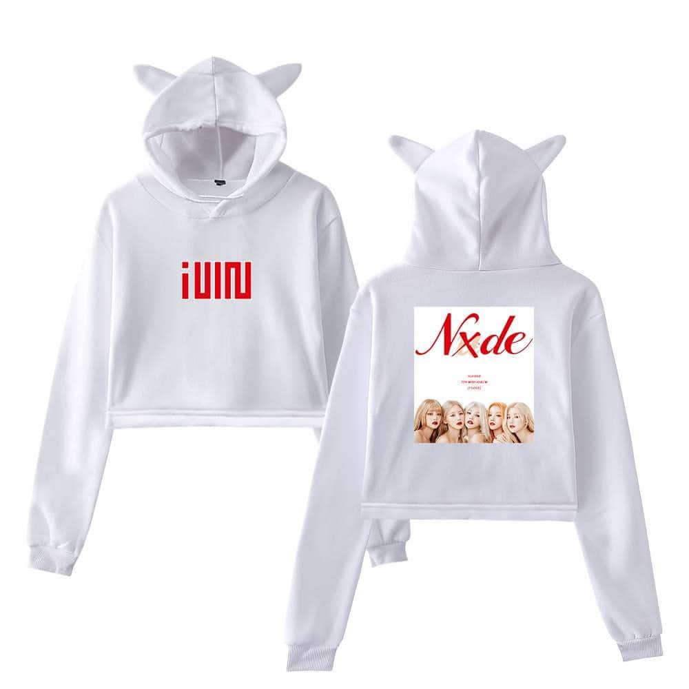 White hoodie with cat ears and red text 2. Stylish Justin Bieber swag hoodie featuring playful cat ears and bold red lettering, perfect for fans looking for trendy merch 3. This white hoodie with cat ears offers a fun and fashionable look, showcasing Justin Bieber-inspired swag. It features eye-catching red text on the front and a graphic of the girl group Nxde on the back, blending pop culture and streetwear style. Ideal for fans and trendsetters 4. The hoodie is made of soft, comfortable material, with a unique design that includes attached cat ears on the hood. The front displays bold red text, while the back features the Nxde group graphic, making it a standout piece for casual and concert wear. 5. relevant.