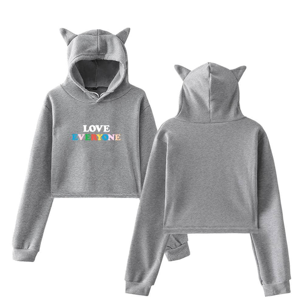 Love everyone hoodie with cat ears, gray sweatshirt with colorful "LOVE EVERYONE" text, trendy and cute Justin Bieber swag merchandise.