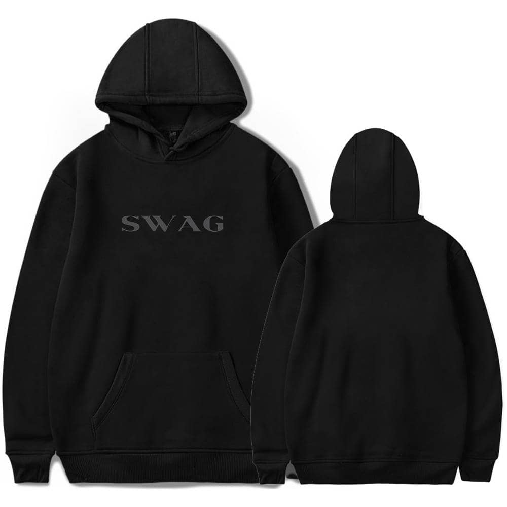 Black hoodie with "SWAG" text, Justin Bieber swag merch, unisex streetwear, comfortable pullover, trendy hip-hop style.
